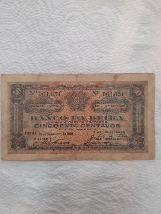 O barateiro Nota de 50 centavos banco da beira 1919