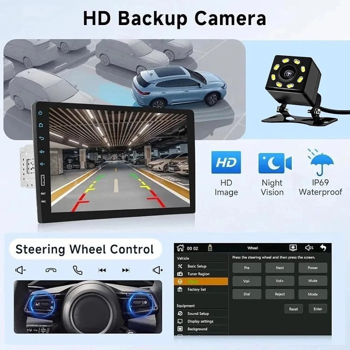 9-дюймова 1-DIN стереосистема, бездротовий CarPlay та Android Auto, Mirror Link, FM/RDS радіо, Bluetooth, керування на кермі, камеразаднього виду