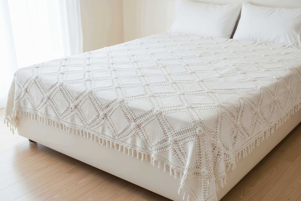 Colcha de Casal XL em Crochet Feita à Mão com Franjas (260x220 cm)