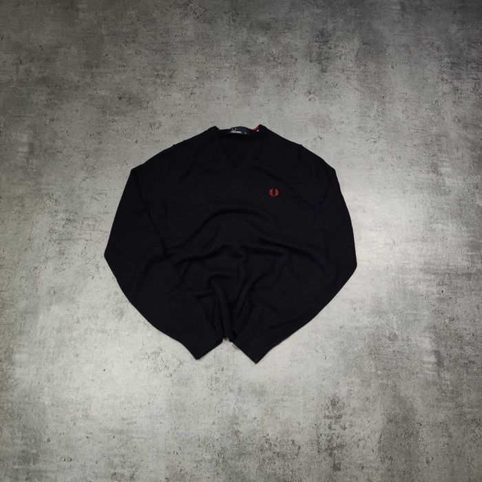 MĘSKI Elegancki Sweter MERINO Wełna Fred Perry Ciemny Granat KołnierzV