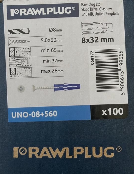 Kołek rozporowy uniwersalny UNO fi 8 z wkrętem 5,0x60 mm /100opk