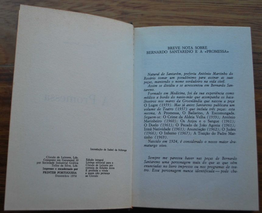 A Promessa de Bernardo Santareno - 1º Edição Ano 1974