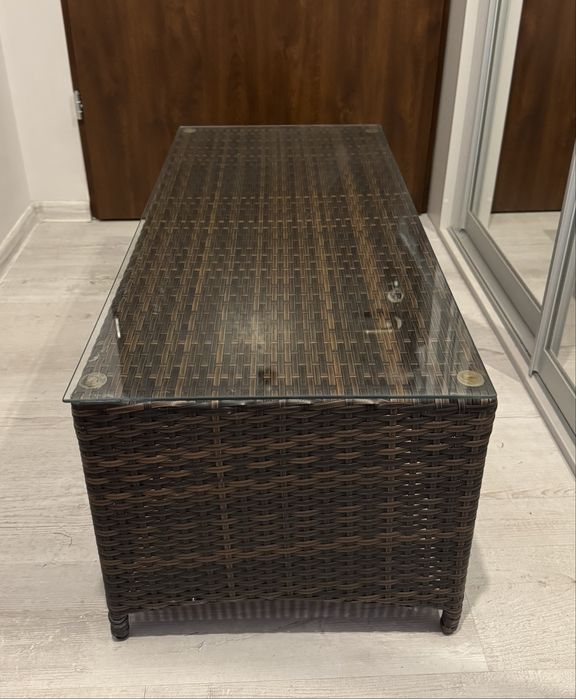 Stolik kawowy, balkonowy, ogrodowy, szklany blat, technorattan,