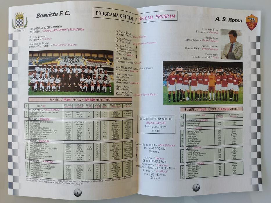 Programa de jogo Boavista Roma UEFA 2000/01