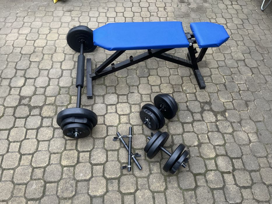 ławka regulowana + hantle + sztanga + 65 kg obciążenia