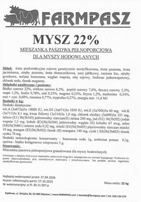 Pasza dla myszy i szczurów hodowlanych START 22% granulat 11 mm