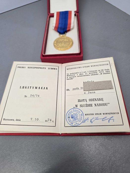 Medal MSW - W Służbie Narodu klasa złota + legitymacja okres PRL-U.