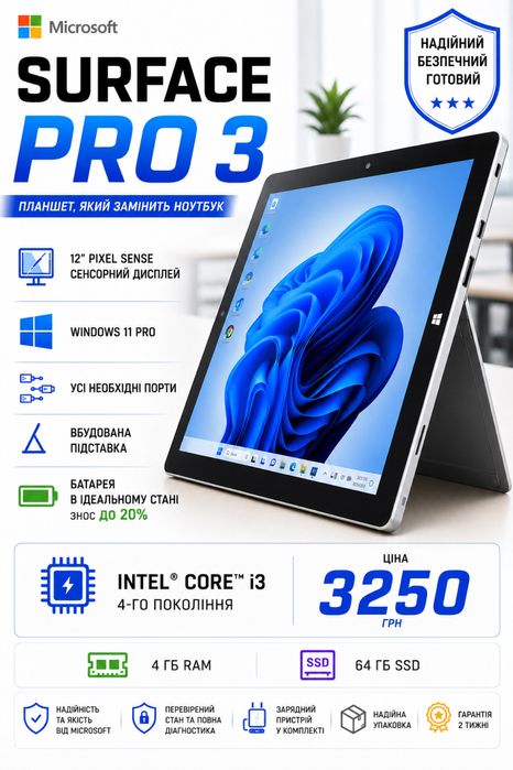 Microsoft Surface Pro 3 12” | Windows 11 Pro | Core i3/i5 | 4-8GB RAM | 64-256GB SSD