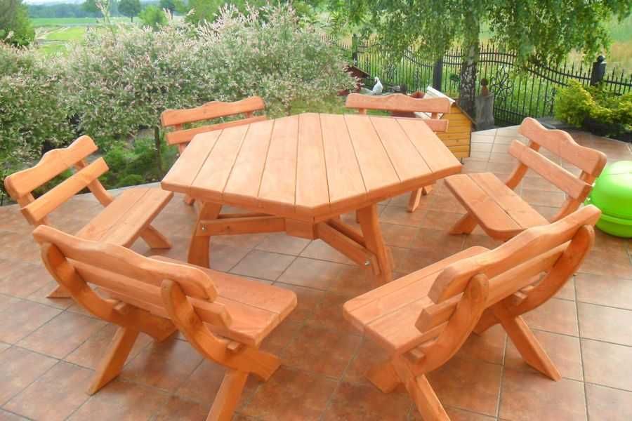 Stół sześciokątny 10 cm 6 ławek 90 cm grube deski 5 cm na 16 osób