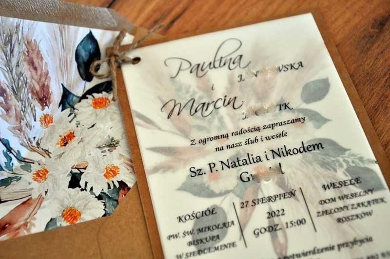 Zaproszenie, kalka, na podkładach, Boho, Rustykalne Trawy, Ślub