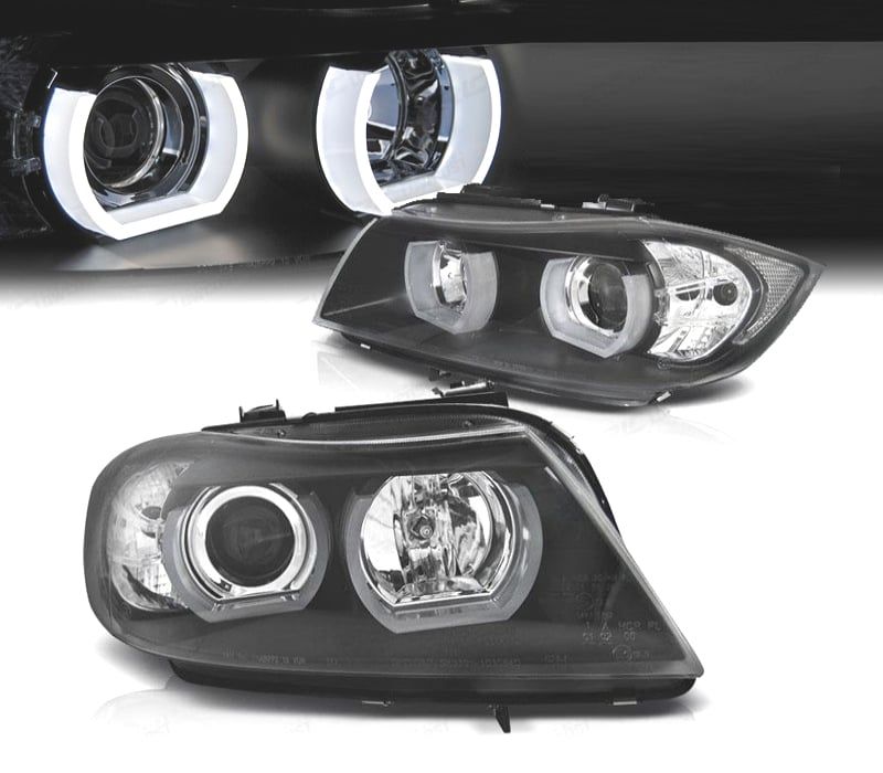 FARÓIS BMW E90 E91 05-08 ANGEL EYES 3D FUNDO PRETO