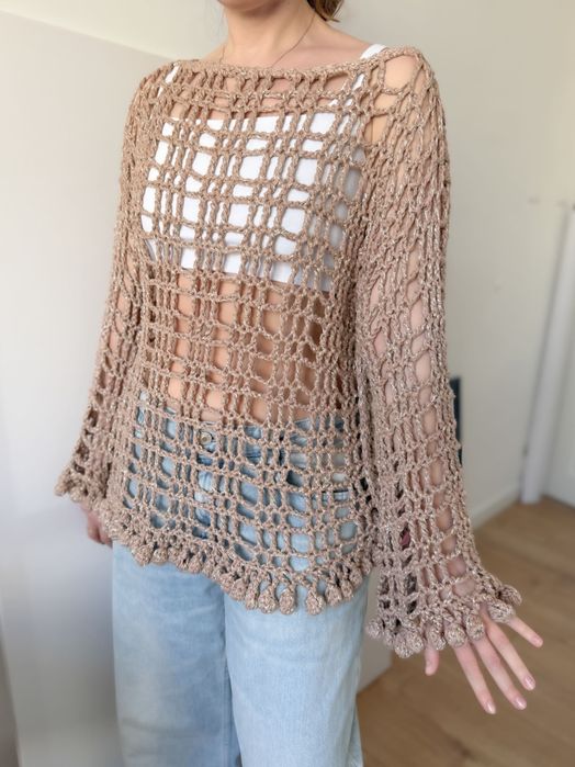 Beżowy sweterek 38 Avant Garde alt ażurowy BOHO hippie coastal mermaid