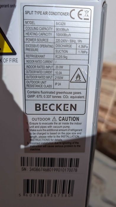 Ar Condicionado BECKEN BAC4256 (18 m² - 9000 BTU - Branco)