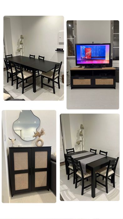 Conjunto de sala (mesa de refeições, aparador e móvel TV c/ rattan)