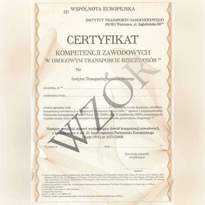 Certyfikat Kompetencji Zawodowych Rzeczy / Licencja
