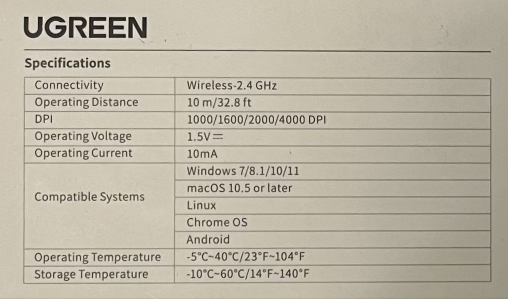 Mysz bezprzewodowa UGREEN MU001 2,4G 4000DPI USB czarna