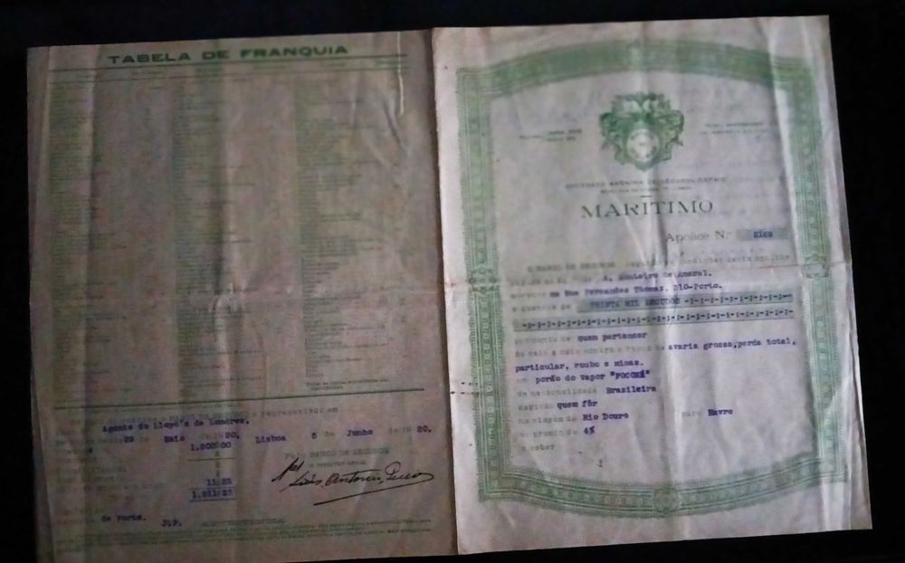 Seguro marítimo pelo Banco de Seguros no vapor brasileiro "Poconé" em 1920