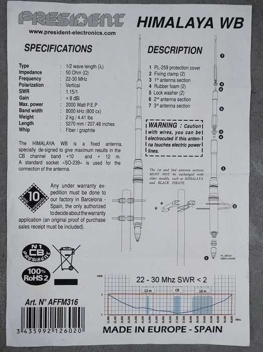 Antena CB president himalaya 27mhz
