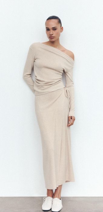 Zara komplet z wiskozą s 36 top spódnica beżowy