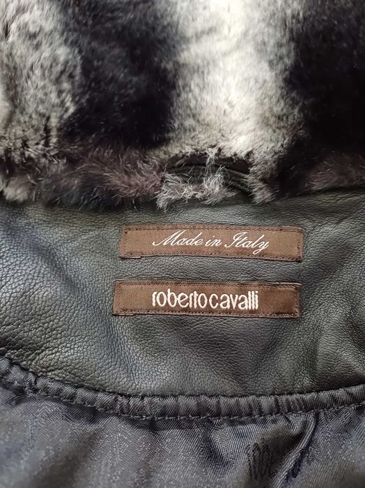 Roberto Cavalli skórzana kurtka ozdobiona futrem królika rozmiar M