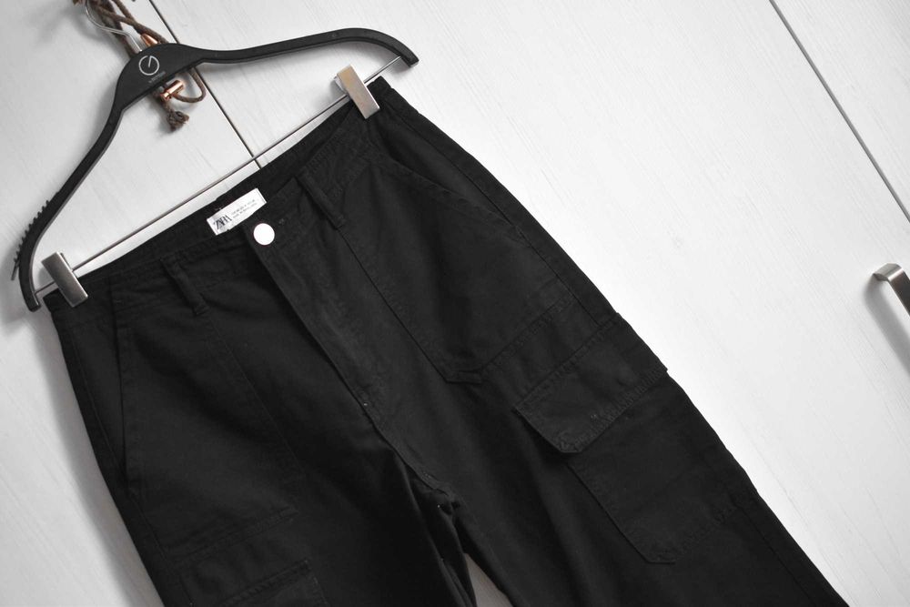 Spodnie S 36 luźne szerokie baggy cargo Zara bawełna z wysokim stanem