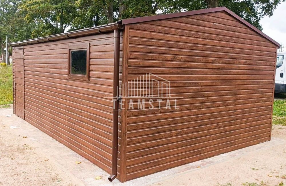 GARAŻ BLASZANY 4m x 6m -  Drewnopodobny Brama drzwi + okno TS211
