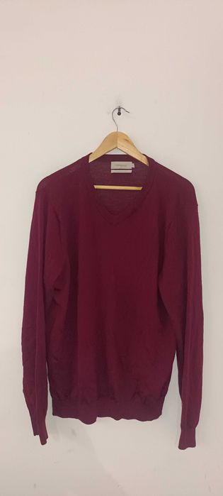 Sweter męski w serek z wełny z merynosa Merino Wool XL fioletowy