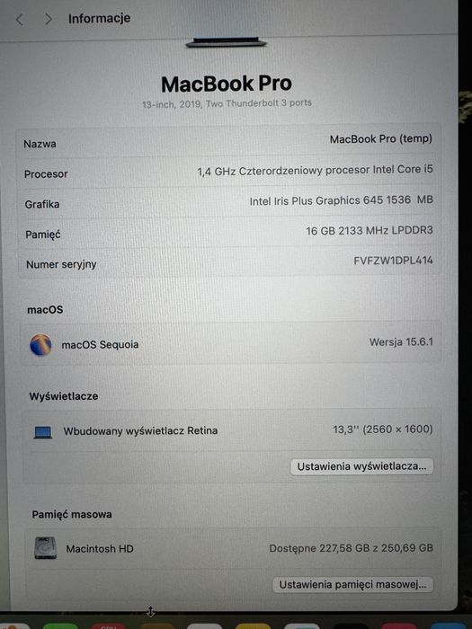 MacBook Pro 2019 16GB/256GB