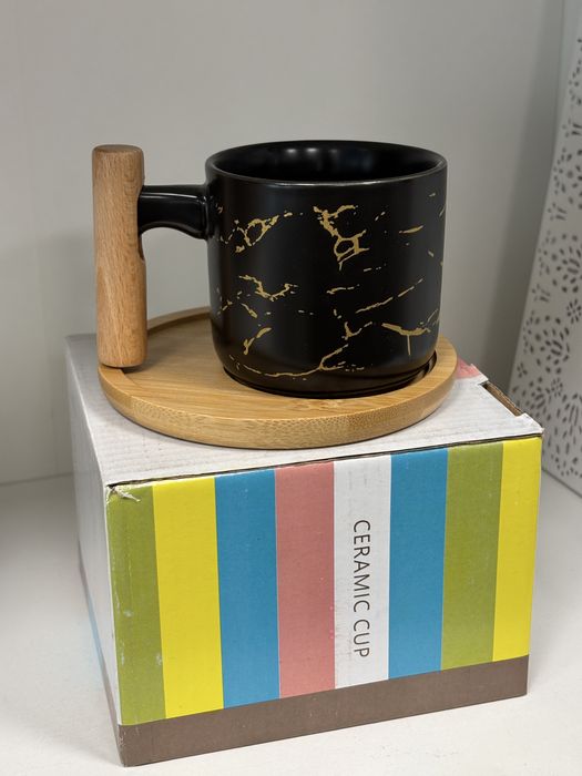 Filiżanka z podstawką czarna biała bambus Nowe