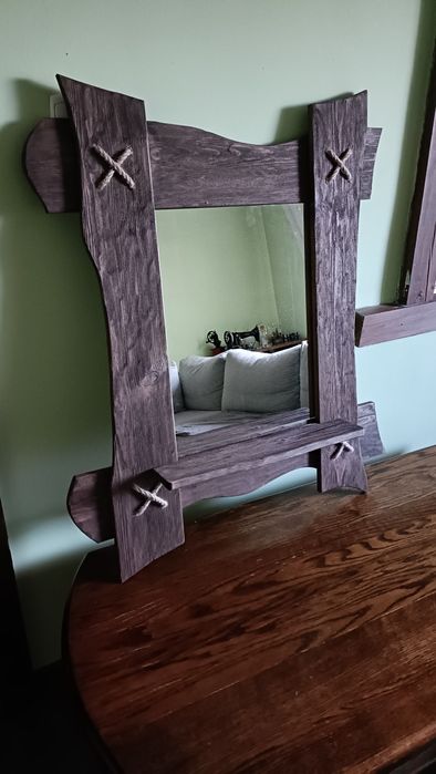 Unikatowe lustro z półką – surowe drewno, liny jutowe, RĘKODZIEŁO