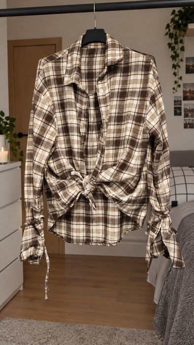 Koszula w kratę z falbankowym rękawkiem i wiazaniem jesien flanelowa Varlesca chicaca XS S M L