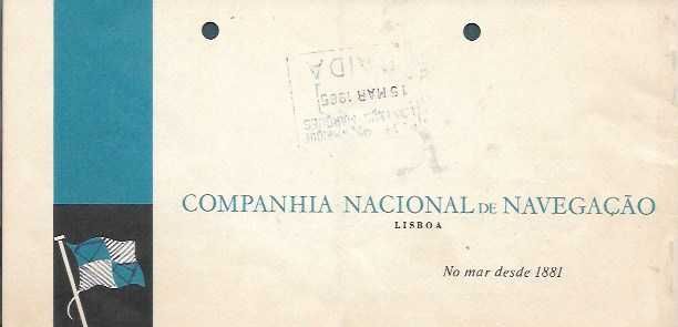 CNN - Companhia Nacional de Navegação - Bilhete de Passagem Antigo 1965 -  Lourenço Marques-Beira Moçambique