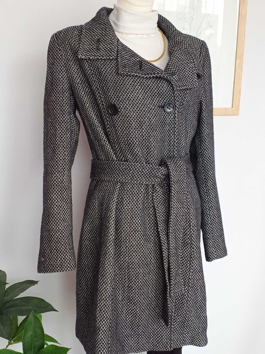 Szary płaszcz trencz dwurzędówka z paskiem wełniany Yessica 40 L