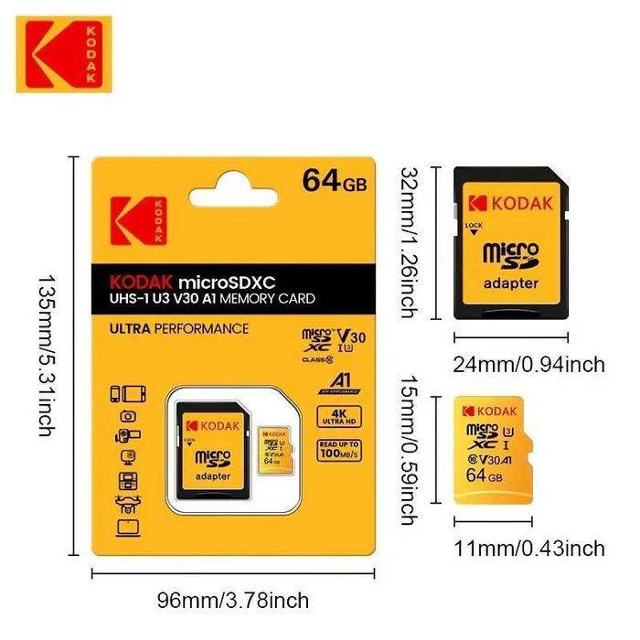 Karta pamięci 64GB Kodak microSDXC UHS-I U3 V30 A1 + adapter