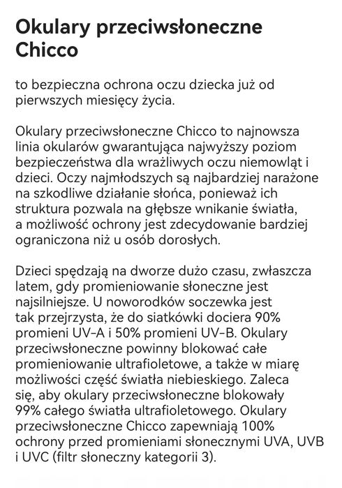 Okulary przeciwsłoneczne chicco dla maluszka 0+ z filtrem