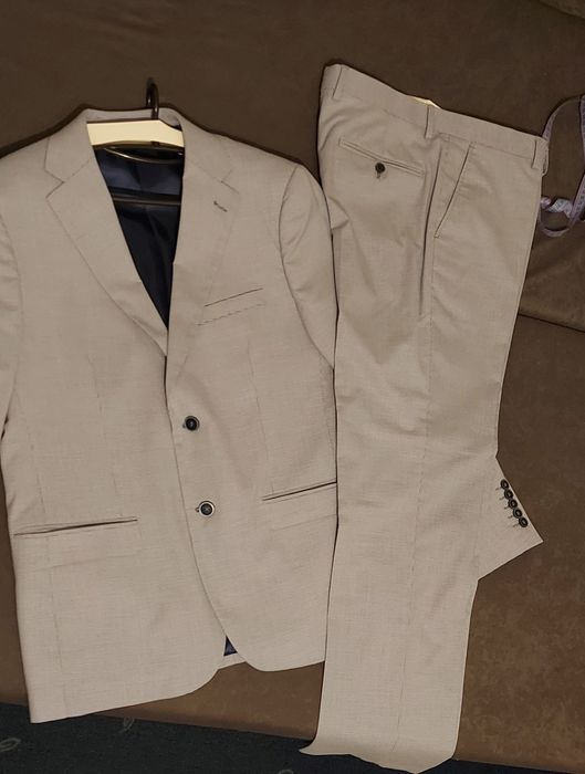 Garnitur ślubny Pawo narcisio w pepitkę błękitny jak nowy