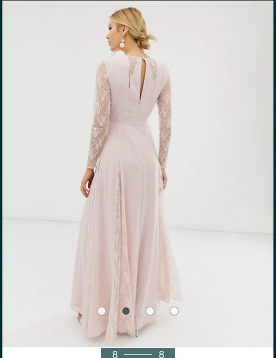 Suknia Asos maxi z koronką, pudrowy róż, rozkloszowana, roz. 38, cudo!