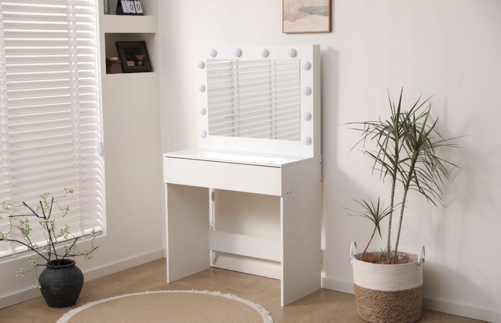 Toaletka lustrzana 12 led 3 barwy światła szuflady biała