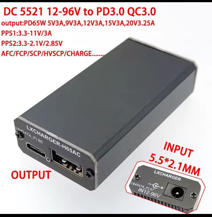 Модуль быстрой зарядки, dc-dc 12–96V PD 65W USB-C + USB-A (QC3.0)