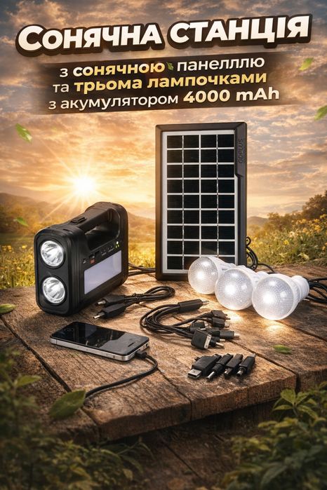 Сонячна станція 4000 mAh + сонячна панель + 3 LED лампи