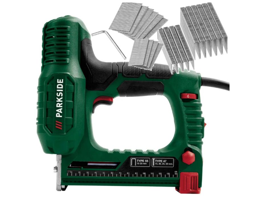 Zszywacz Elektryczny Parkside 2w1 Gwoździarka Tacker Zestaw 1000 Zszywek Gwoździ Kabel 4m Tapicerski Stolarski Remont Wykończenia PET 25 NOWY