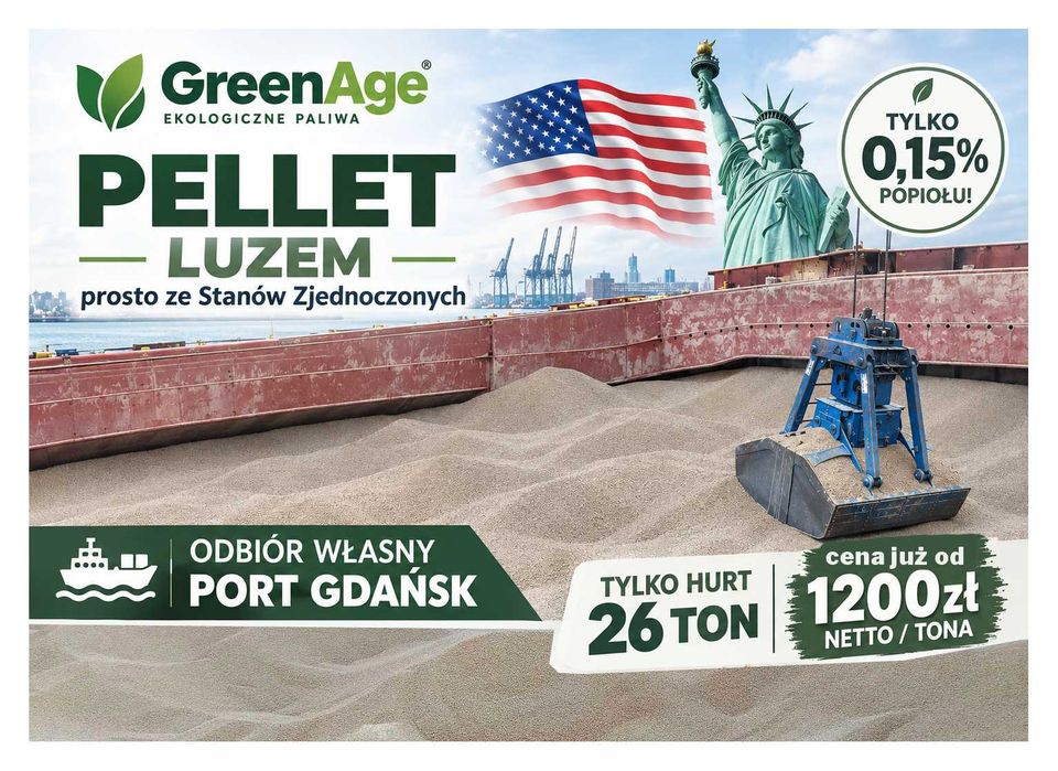 PELLET Drzewny z USA - Klasy A1 / Sosna / 6mm - tylko 0,15% popiołu - 26 ton - Dostawa Luzem - Duże Ilości - Wysoka jakość / Niska Cena