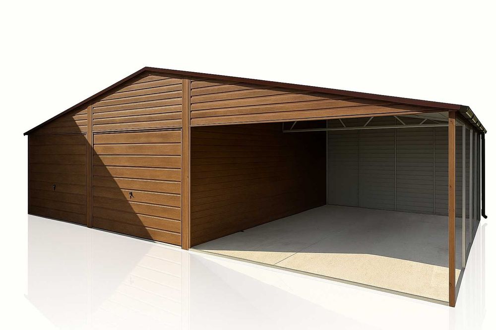 Garaż blaszany 6×5m z wiatą 5x5m dach dwuspadowy, Ciemny Orzech