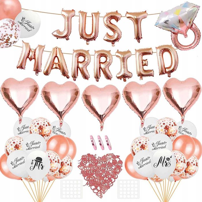 Balony dekoracja ślubna napis Just Married balony z konfetti zestaw 45