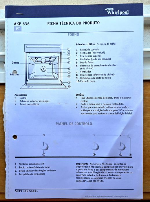 Forno Whirlpool AKP 636 de encastrar – Excelente estado