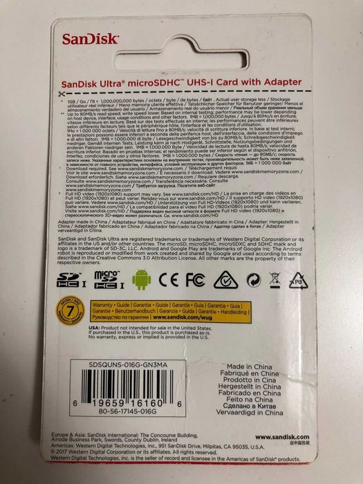 Карта памяти SanDisk 16GB Micro SD+ Adapter для телефона и других устройств