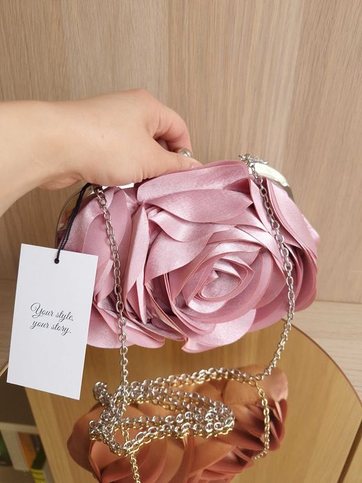 Torebka Różowa Z Różą Kwiatem Do Ręki Na Ramię Kopertówka Wesele