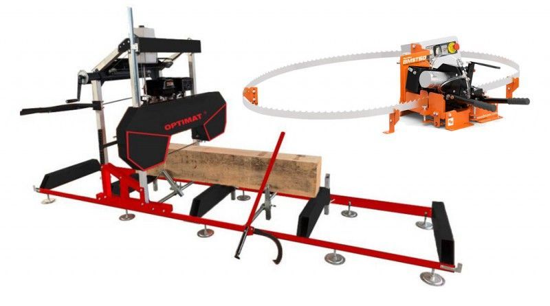 Trak taśmowy Optimat Timberland TMC 790S 7,5 kW 400 V z osłoną i ostrzarko-rozwierakiem Wood-Mizer BMST50 do obróbki drewna