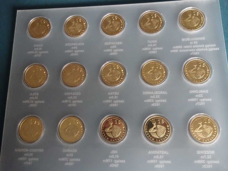 15 Złotych Latarników Latarnie Polskiego Wybrzeża monety medale+Pleksi