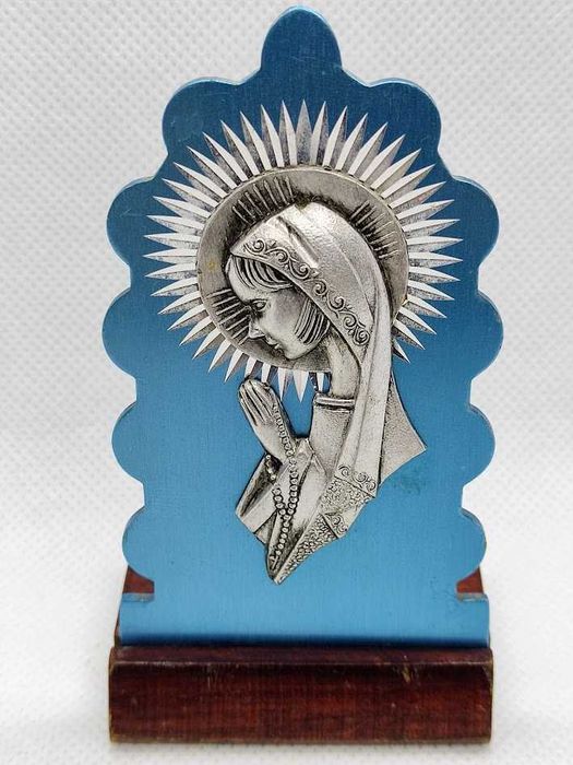 Pequeno expositor religioso metal e madeira Nossa Senhora